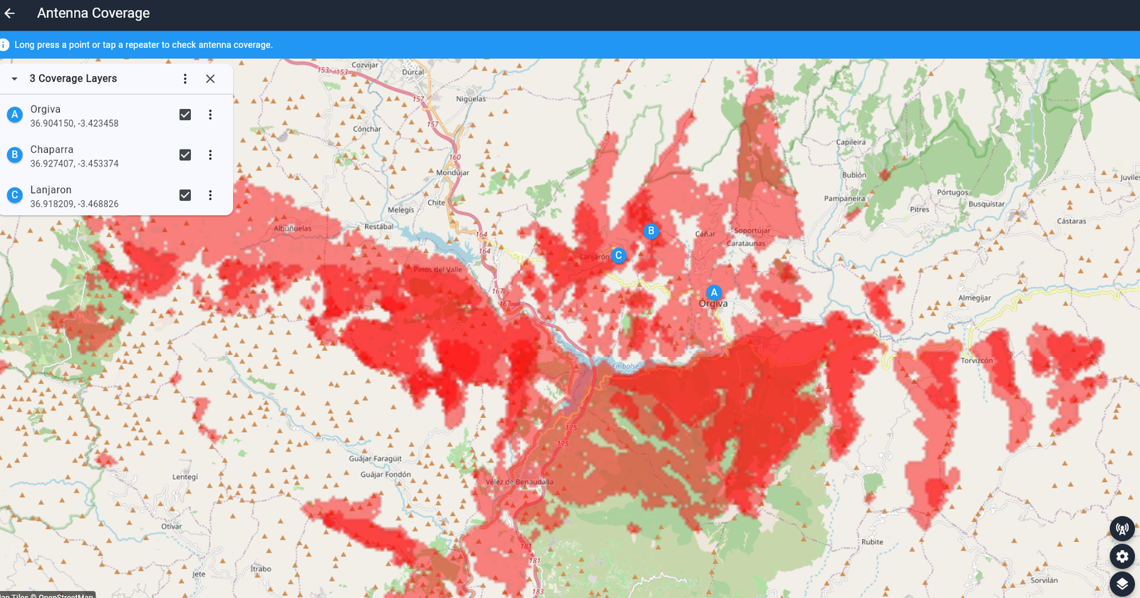 NomadMesh / Meshcore current coverage map for the Alpujarras